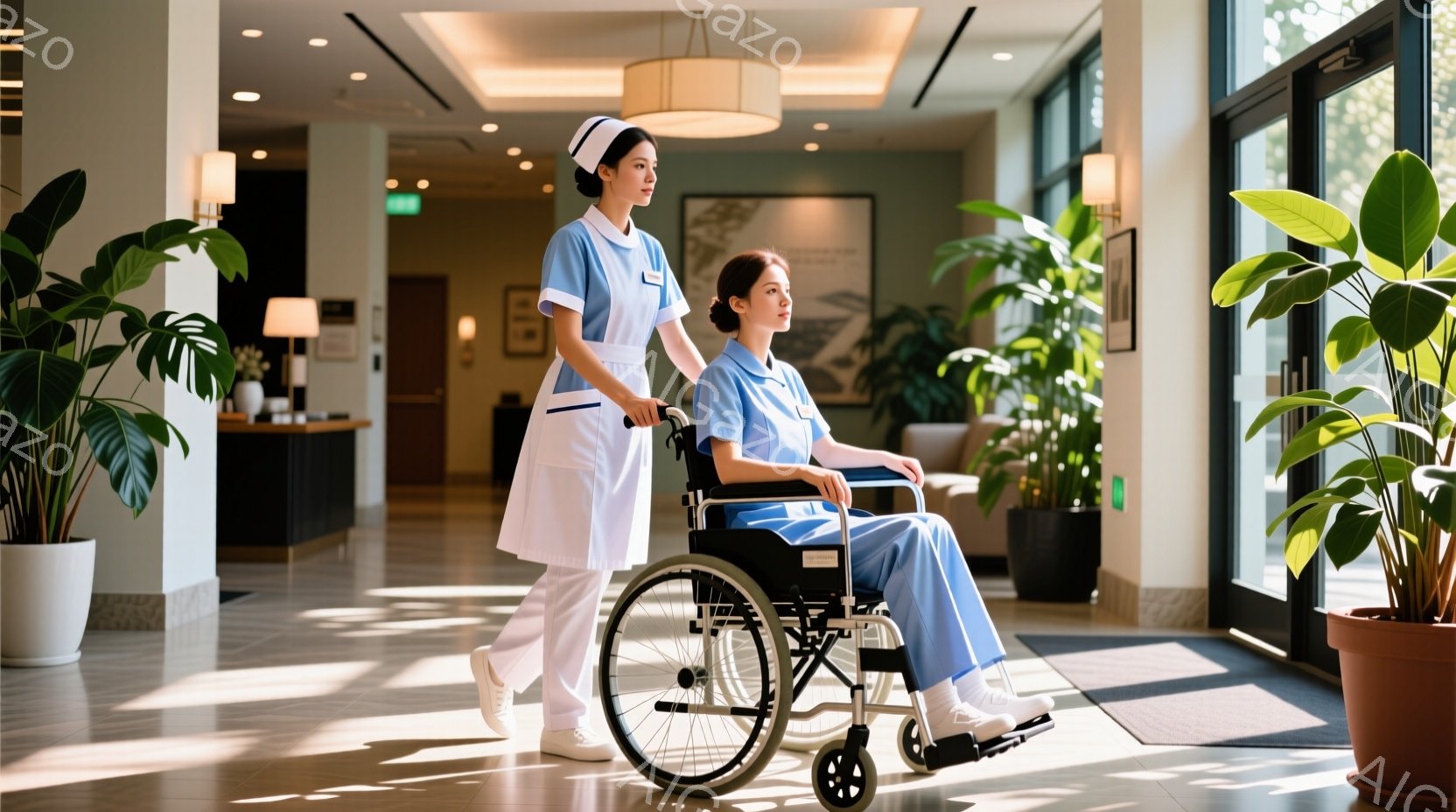 看護師らしき女性が、車椅子に乗った患者を廊下で押している様子が写っている。看護師は白地に水色の襟と袖が特徴的な制服を着ており、髪は後ろで一つにまとめられている。背景は明るい光が差し込むロビーで、観葉植 - AI生成フリー素材