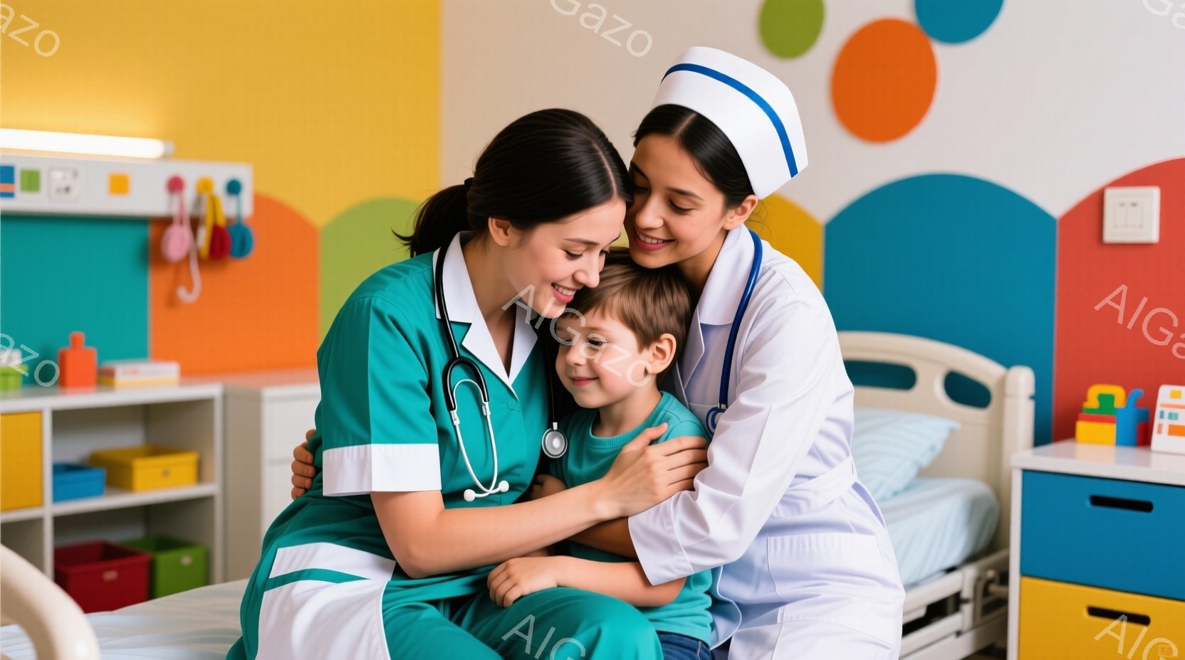 病院のベッドに座った少年を、制服を着た女性医療従事者が抱きしめています。医療従事者は緑色のスクラブと白い帽子を着用し、笑顔で少年を見下ろしています。背景にはカラフルな収納ボックスとベッド、壁に描かれた - AI生成フリー素材