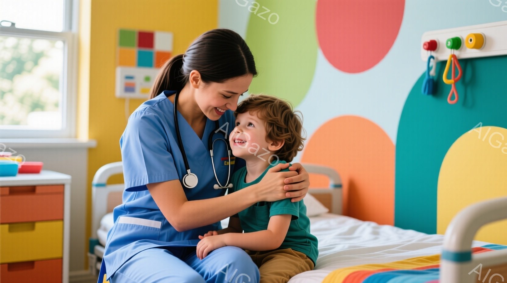 看護師は明るい水色のスクラブを着て、長い茶色の髪を後ろでまとめています。彼女は笑顔で、小さな少年を抱きしめ、少年の肩に腕を回しています。背景には、カラフルな水玉模様の壁と、病院のベッド、そして引き出し - AI生成フリー素材