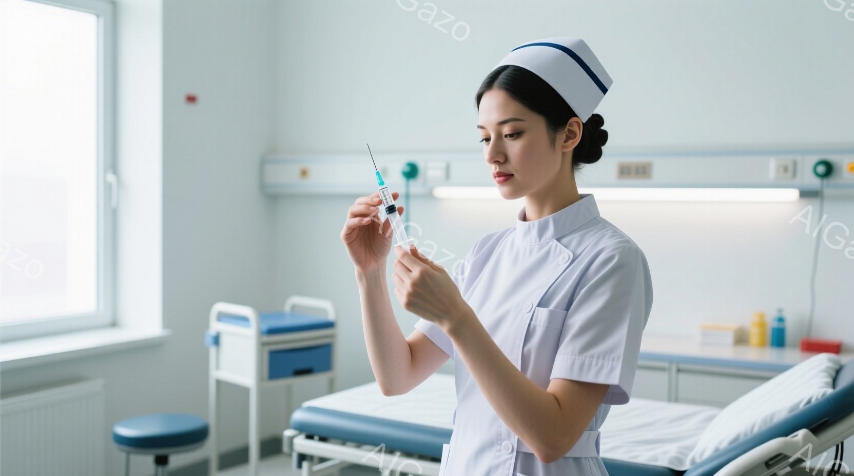 白い看護師服と帽子を身に着けた女性が、医療用ベッドの傍らで注射器を手にしている。彼女は真剣な表情で注射器の中身を確認しており、プロフェッショナルな姿勢が窺える。背景には病院のベッドや医療機器が見え、清 - AI生成フリー素材