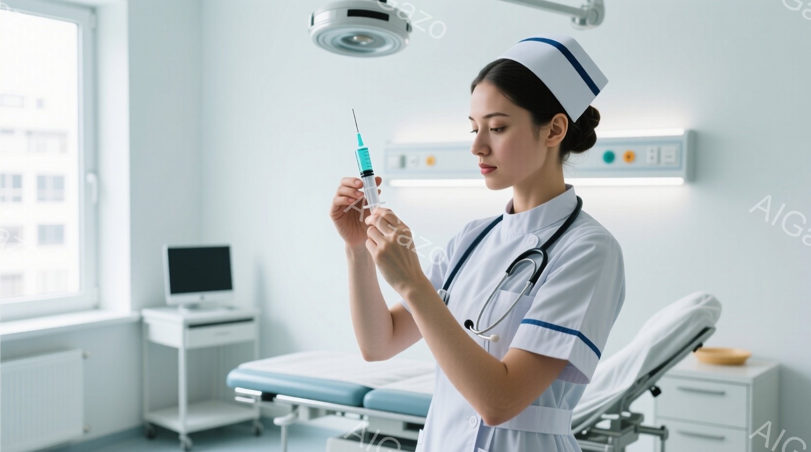 看護師は白い看護師服と帽子を着用し、ストレートヘアで後ろでまとめています。彼女は椅子に座って注射器を手に持ち、何かを確認するように注意深く見つめています。背景には、医療機器が置かれた診察台と薄明るい部屋が見え、病院の一室であることがわかります。