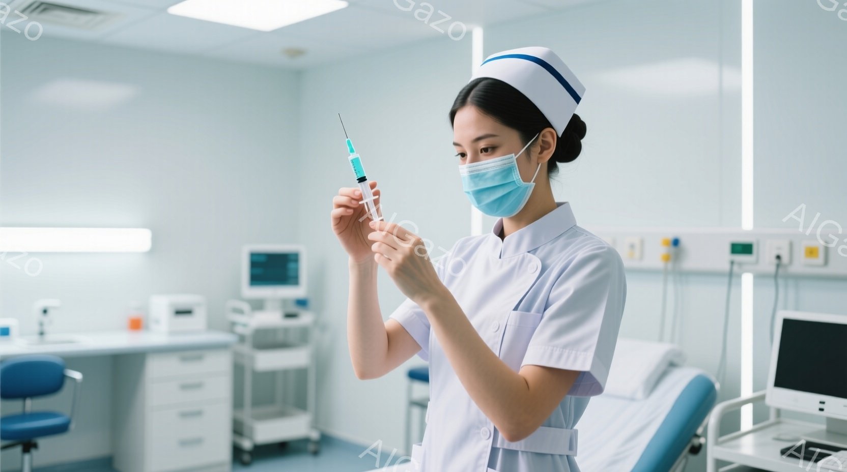 看護師は白い制服と帽子を着用し、医療用マスクで顔を覆っています。彼女は注射器を両手で持ち、注意深く確認している様子です。背景には病院のベッドや医療機器が見え、清潔で落ち着いた雰囲気が漂っています。