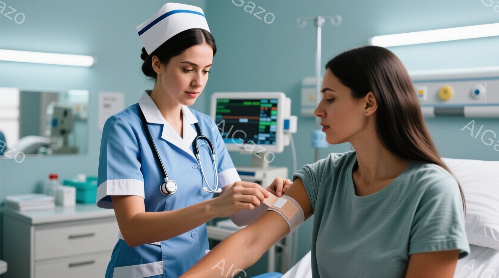 看護師は白地に水色の縁取りがついた制服と帽子を着用し、患者の腕に血圧計を装着しています。患者は薄緑色のTシャツを着ており、少し緊張した表情で腕を差し出しています。背景には病院のベッド、医療機器、キャビネットがあり、清潔で静かな雰囲気が漂っています。
