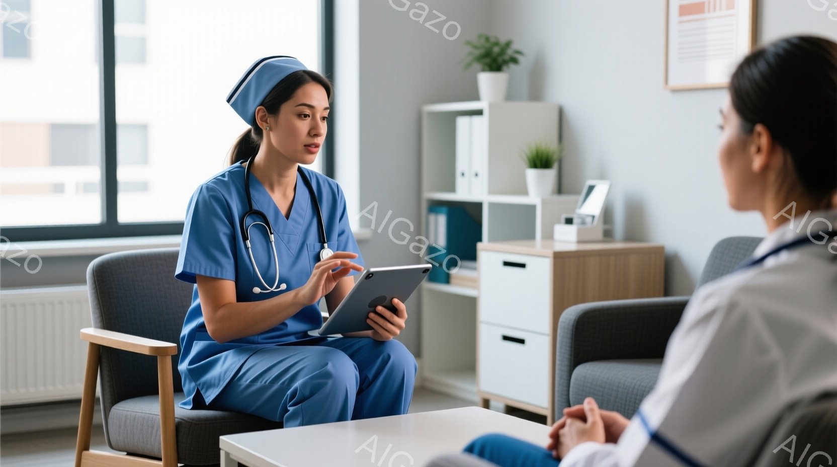 診察室で、青いスクラブと看護師帽を着用した女性が、患者に向かってタブレットを手に説明している様子が描かれています。彼女は真剣な表情でタブレットを見つめ、患者は穏やかな表情で彼女の話を聞いています。背景 - AI生成フリー素材