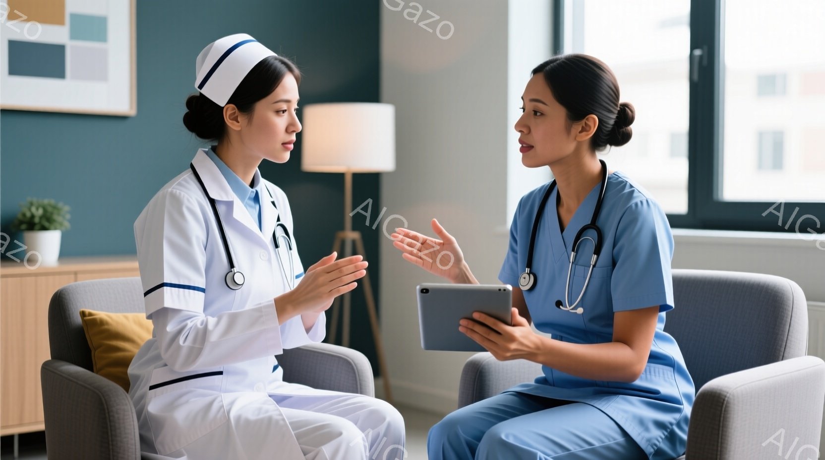 診察室で、白い制服を着た女性医師と、水色のスクラブ姿の女性看護師が向かい合って座っている。医師は片手を広げて何かを説明しており、看護師はタブレット端末を見ながらそれに答えているように見える。背景には白 - AI生成フリー素材