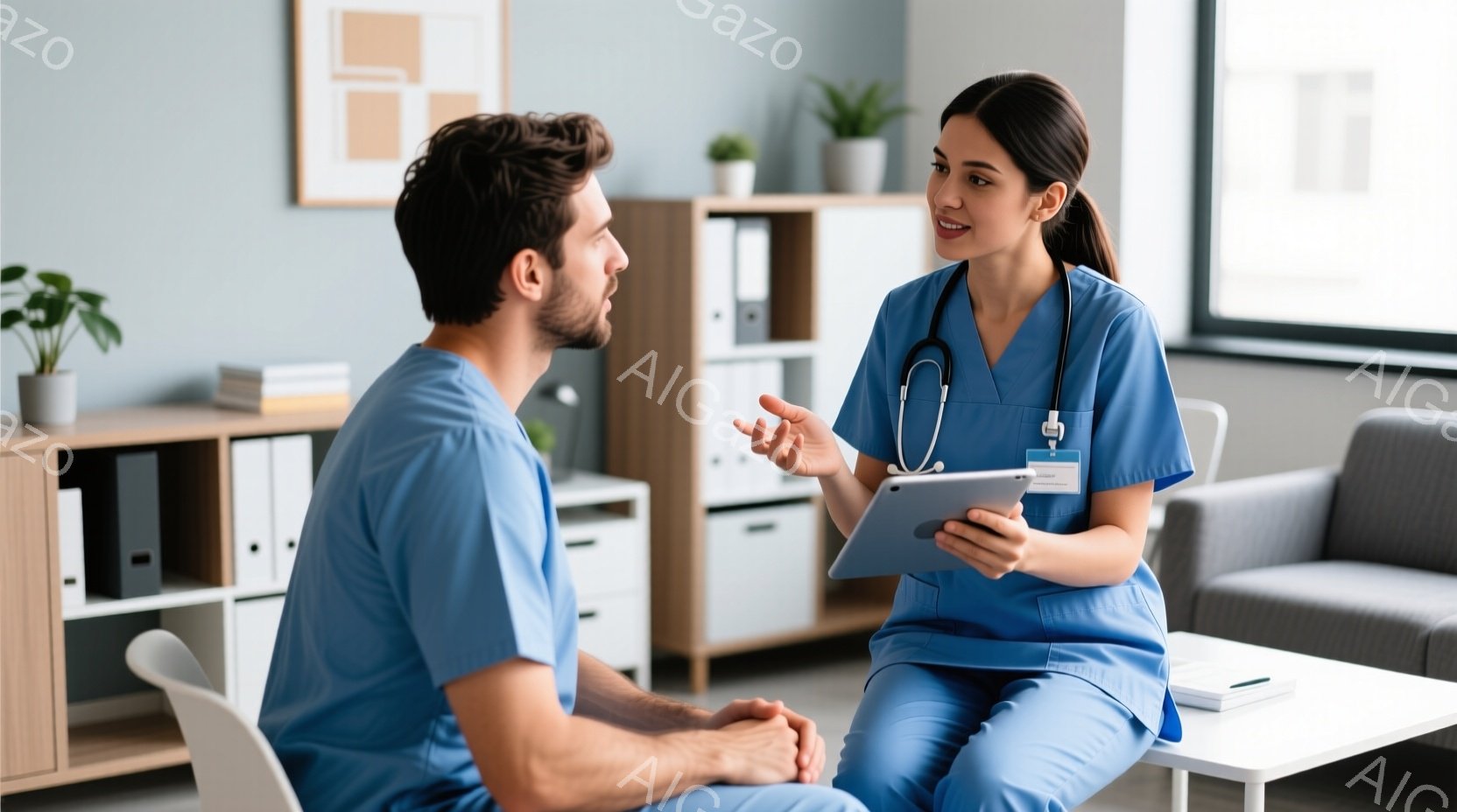 診察室で、青いスクラブを着た男性と女性の医療従事者が向かい合って座っています。女性はタブレット端末を手に持ち、何かを説明しているようなジェスチャーをしています。背景には白い本棚やソファがあり、清潔感の - AI生成フリー素材