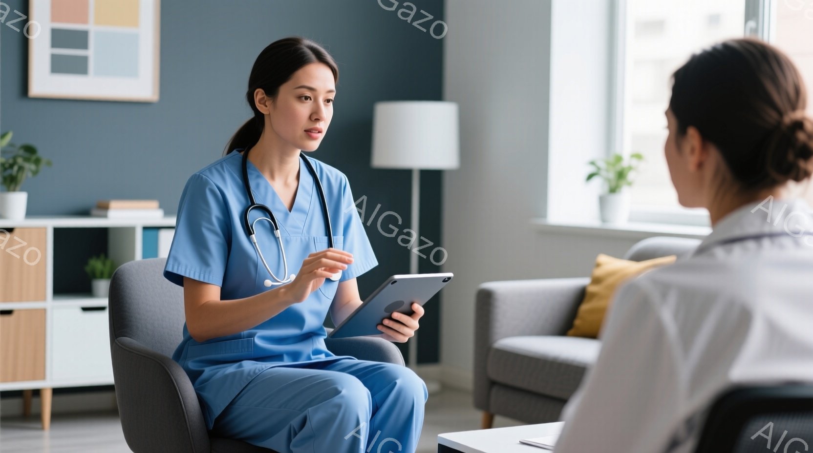 左側に座る女性医師が、右側に座る患者に向けて話をする姿勢は親切な態度であり、建物の窓から自然光が透過しているため、穏やかで明るい大空の下での診察という印象を与えます。 - AI生成フリー素材