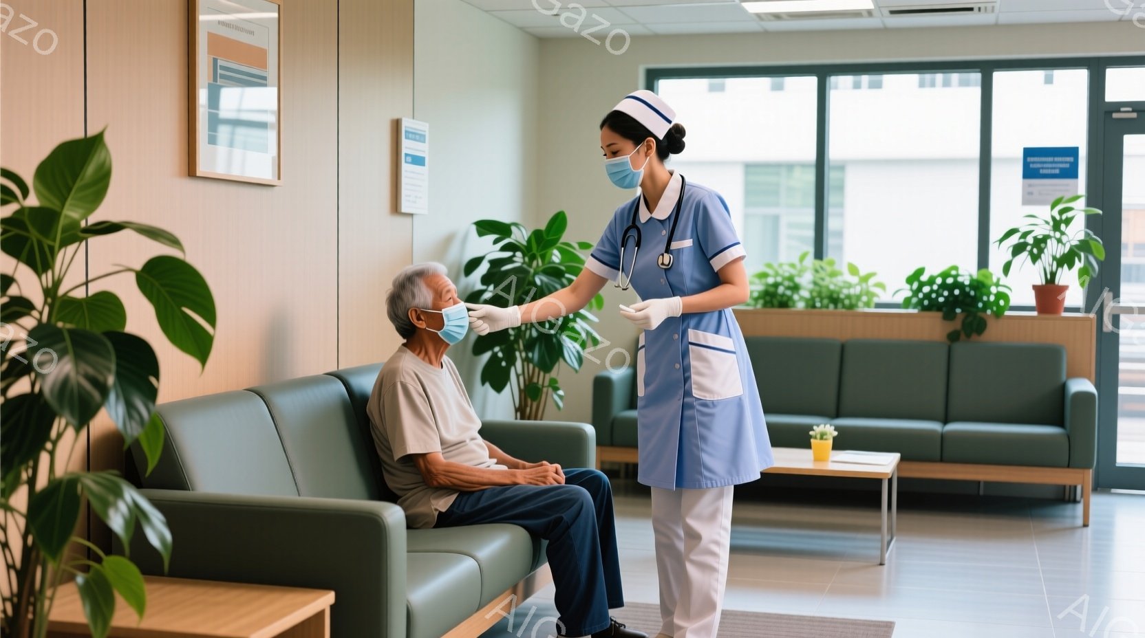 白衣とマスクを着用した若い女性医療従事者が、診察室のソファに座っているマスクをした高齢男性の体温を測っています。診察室は明るく、壁には絵画が飾られ、植物が配置されています。全体的に清潔で落ち着いた雰囲気が漂い、医療現場の様子を表しています。