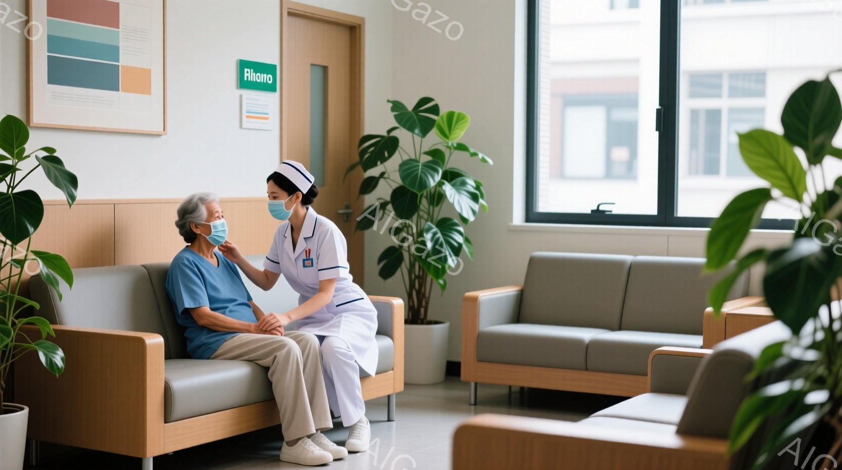 病院の待合室で、青いシャツを着た高齢の男性と、白衣を着てマスクをした看護師が写っています。看護師は男性の肩に手を置き、優しく話しかけているようです。背景には、植物や他のソファが見え、穏やかで安心感のあ - AI生成フリー素材