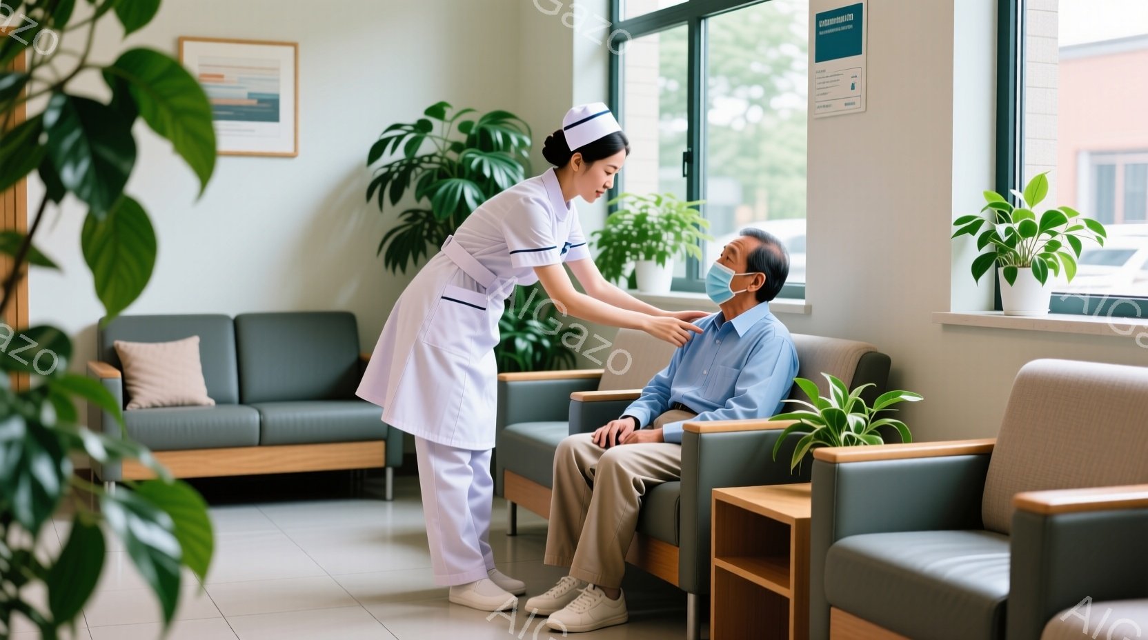 看護師は白の制服と帽子を着用し、年配の男性患者の肩に優しく手を置いている。男性は水色のシャツとベージュのズボンを着用し、心配そうな表情を隠しきれていない。背景には明るい光が差し込む待合室があり、ソファ - AI生成フリー素材