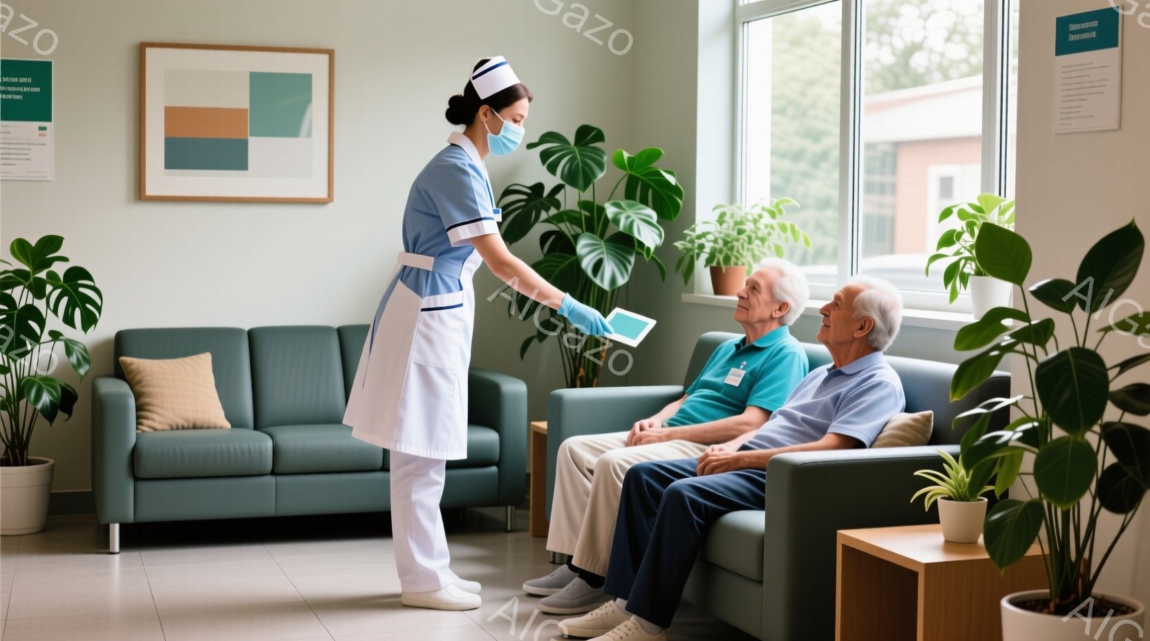 看護師はマスクとスクラブ姿で、タブレットを2人の高齢男性に見せています。2人はソファーに座り、リラックスした様子でタブレットを見つめています。背景には植物や窓があり、室内は明るく清潔な雰囲気です。 - AI生成フリー素材
