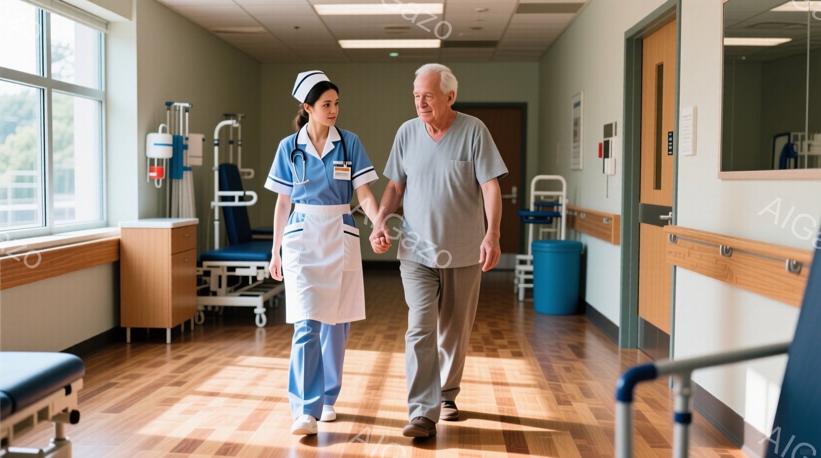 看護師と高齢の男性が病院の廊下を並んで歩いている。看護師は白の制服とエプロンを着用し、髪は後ろでまとめており、穏やかな表情をしている。廊下は明るく清潔で、医療機器やベッドが見え、全体的に安心感のある雰 - AI生成フリー素材