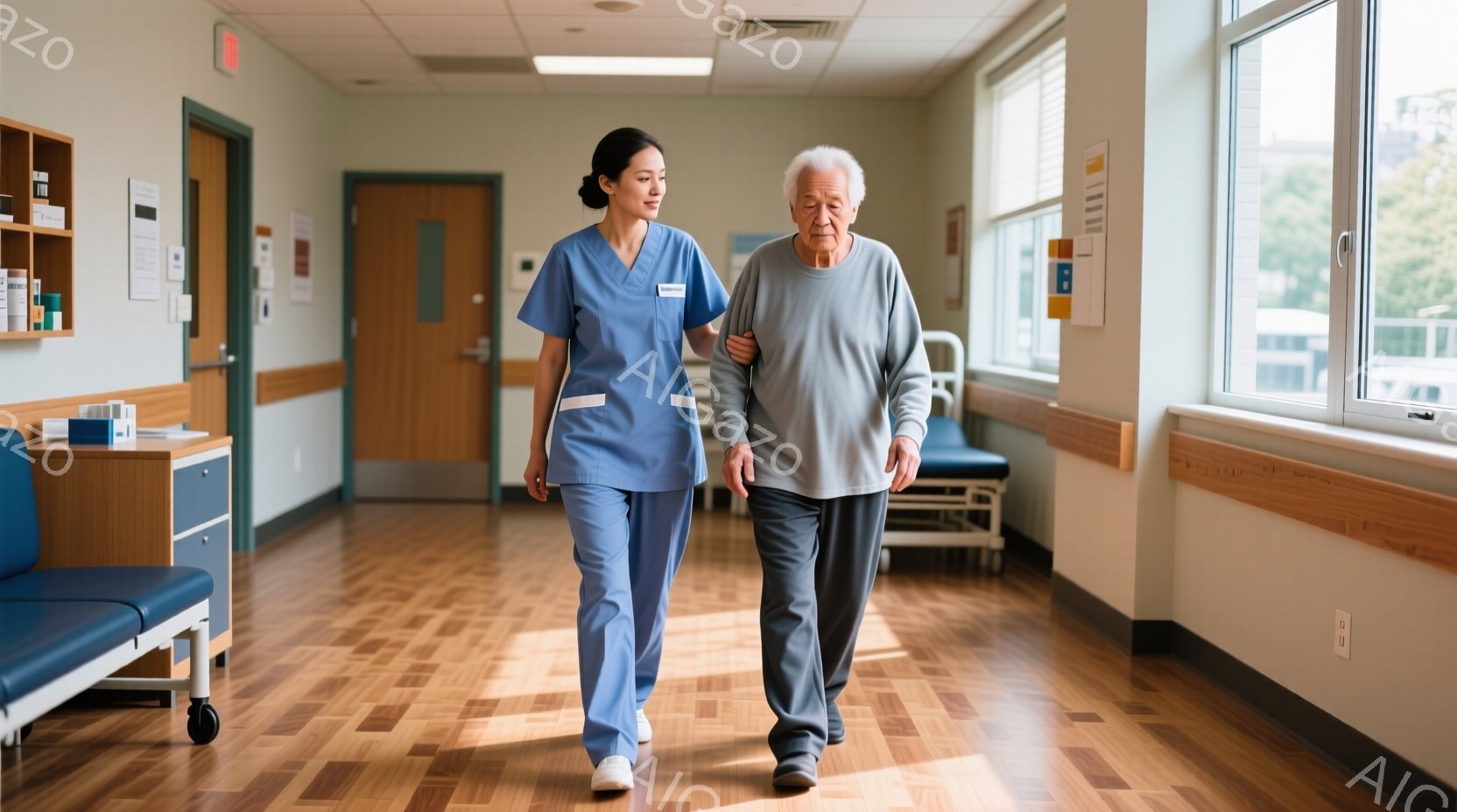 看護師は水色のスクラブを着て、年配の男性の腕を支えながら廊下を歩いています。男性はグレーのセーターとズボンを着用し、少し前かがみの姿勢で、穏やかな表情をしています。廊下は明るく、病院の白い壁と木製の床 - AI生成フリー素材