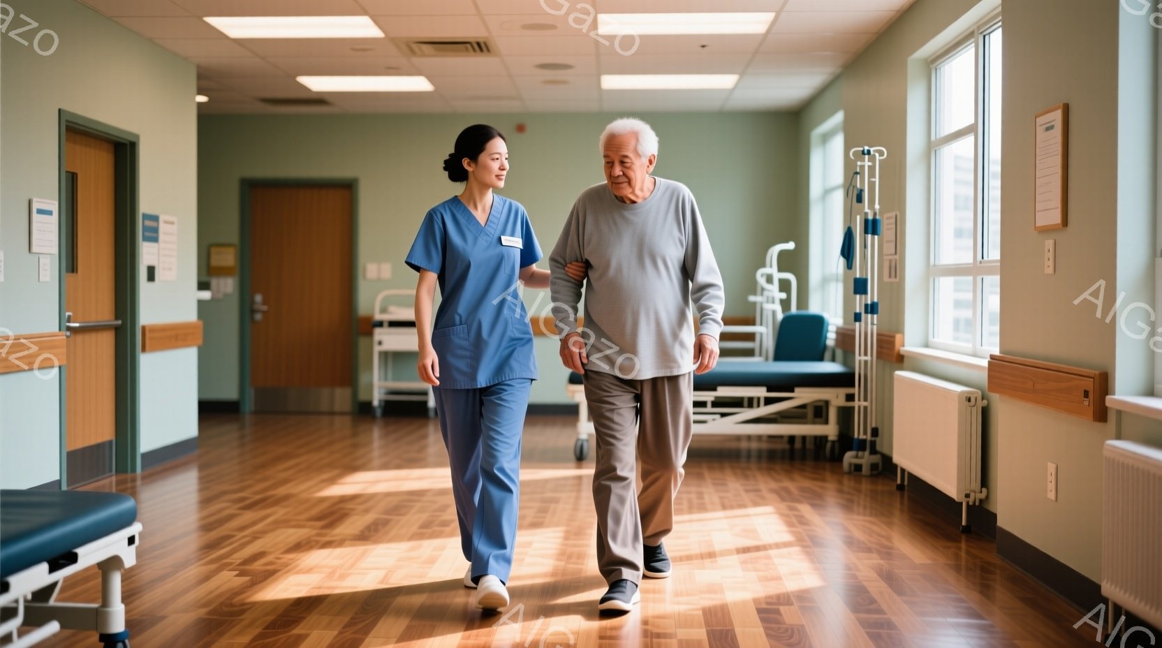 看護師はターコイズブルーのスクラブと白いスニーカーを着用し、高齢の男性の腕を支えながら廊下を歩いている。男性はグレーのセーターとズボンを着用し、やや前かがみになりながらも一歩ずつ進んでいる。廊下は明る - AI生成フリー素材