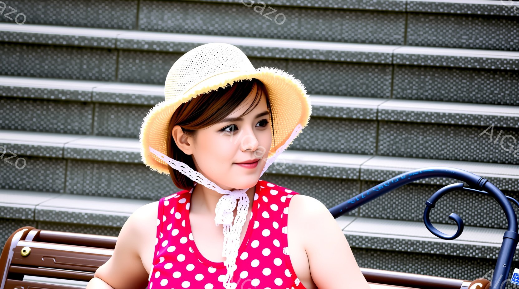 若い女性が、赤い水玉模様のトップスと麦わら帽子を身に着けています。彼女は少し微笑んでおり、リラックスした表情を浮かべています。背景には石段があり、彼女はベンチに座って、穏やかな夏の雰囲気を醸し出してい - AI生成フリー素材