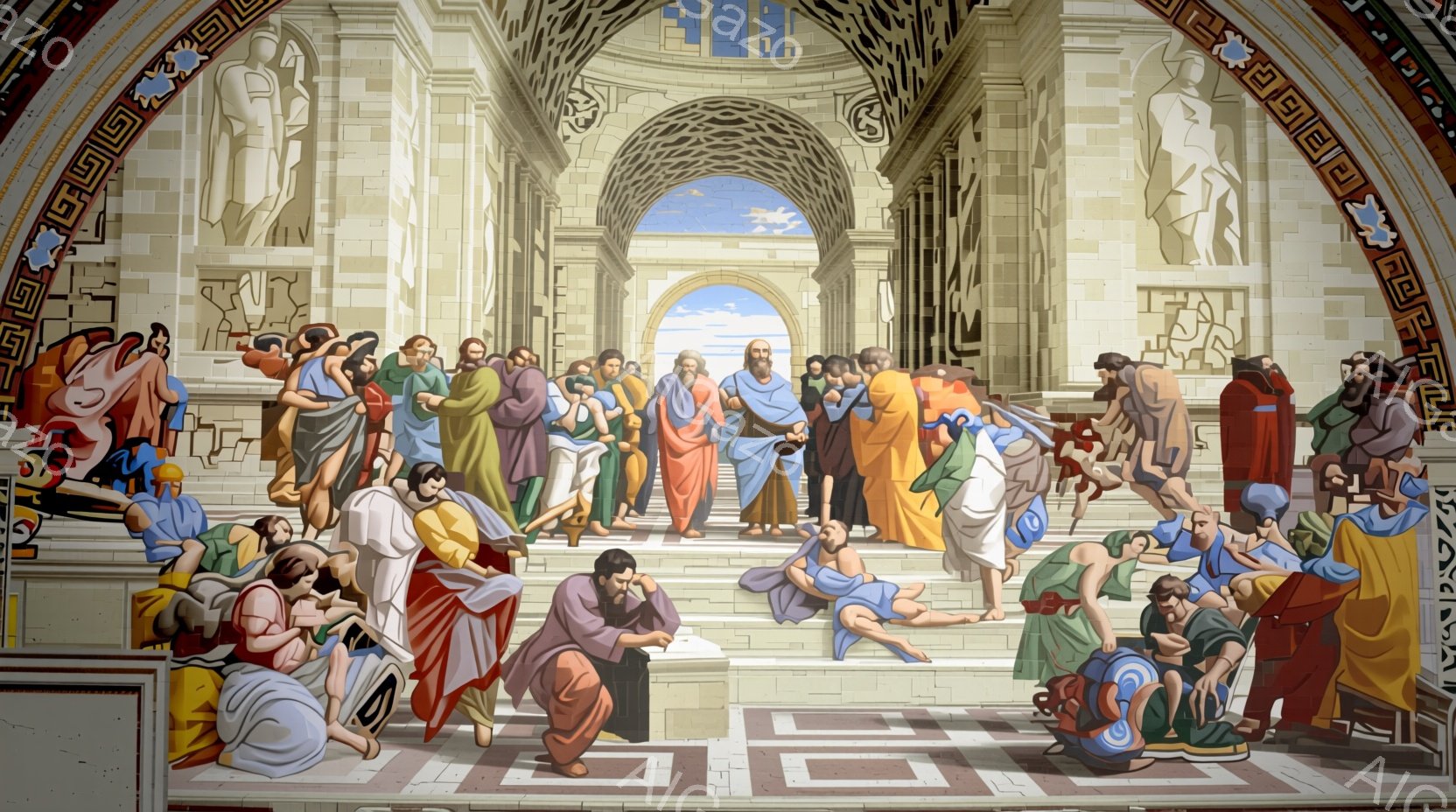 古代ローマの人々が集まった神殿のような場所を表す絵画。多くの人物が、カンパニョスやリーダーの姿勢で集まり、熱い議論が行われている印象を与える。古代ローマの建造物と自然の光景がバックグラウンドとして描かれている。