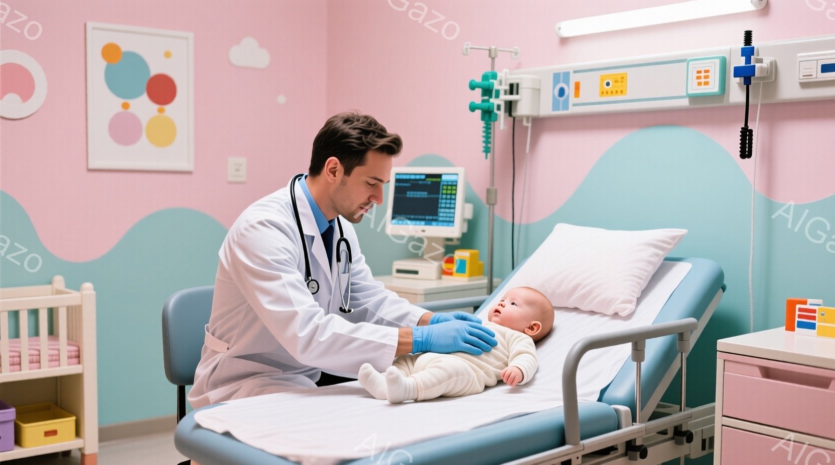 白衣を着た男性医師が、病院のベッドに横たわる赤ちゃんに優しく触れています。医師は青い手袋を着用し、真剣な表情で赤ちゃんの状態を確認しているようです。背景には、パステルカラーの壁と医療機器、そしておもち - AI生成フリー素材