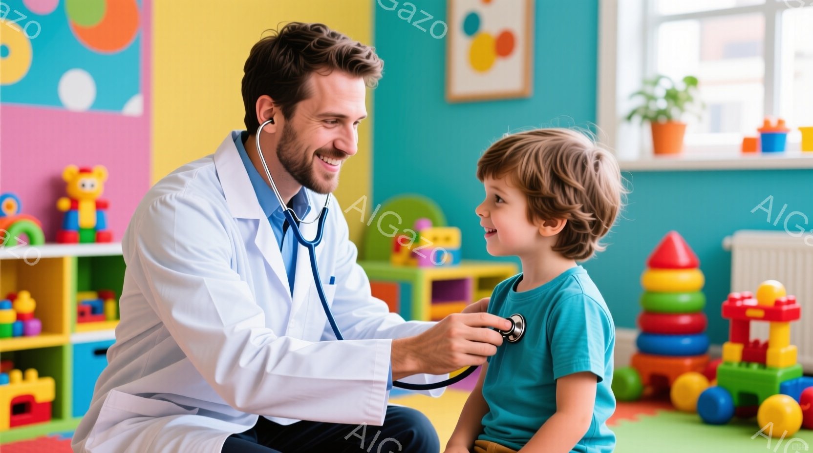 白衣を着た若い男性医師が、幼い男の子の胸に聴診器を当てています。医師は微笑んでおり、男の子も楽しそうに笑っています。背景には、カラフルな積み木や棚があり、明るく遊び心のある診察室の雰囲気です。 - AI生成フリー素材