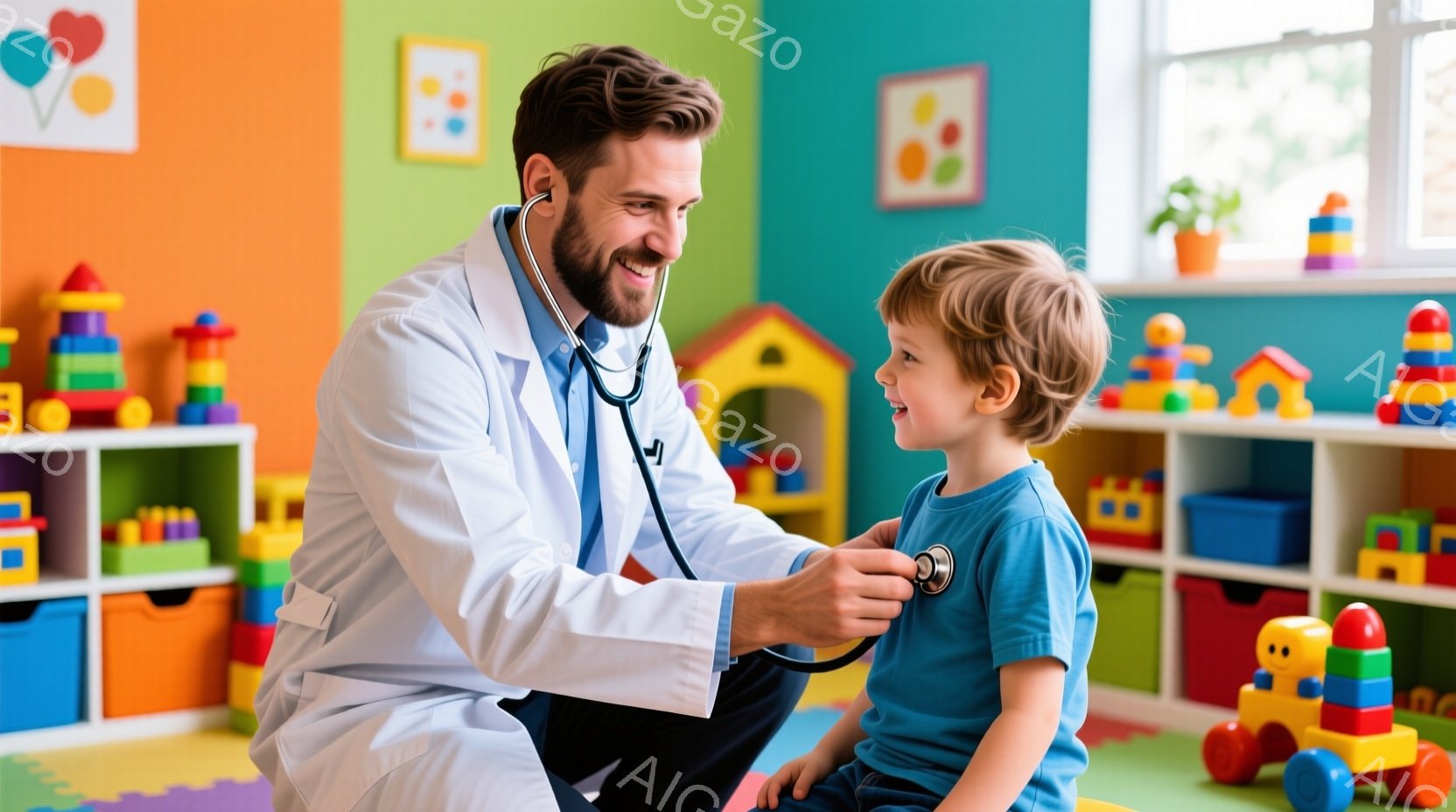 白衣を着た医者が、小さな男の子の胸に聴診器を当てています。医者は笑顔で、男の子も嬉しそうに微笑んでいます。背景にはカラフルな積み木や遊具が並び、明るく遊び心のある空間が広がっています。 - AI生成フリー素材