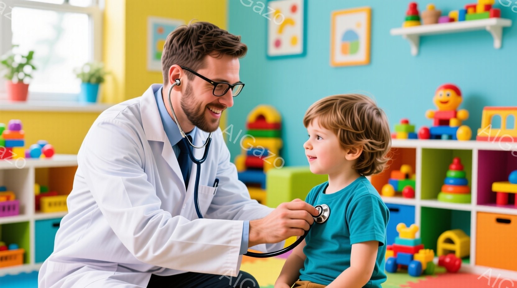 白衣を着た男性医師が、幼児の胸に聴診器を当てています。医師は微笑んでおり、幼児も楽しそうにしています。背景にはカラフルなおもちゃが並んだ棚があり、明るく温かい雰囲気の診療室であることがわかります。