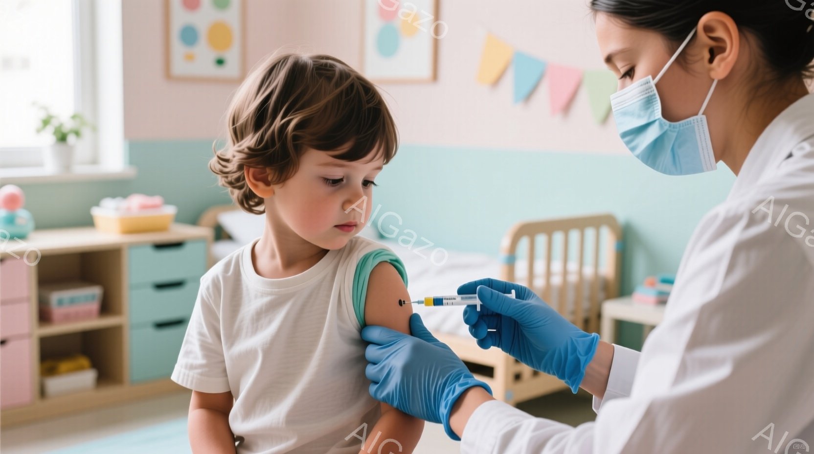 小さな男の子が薄いオレンジ色のTシャツを着ており、少し不安そうな表情をしています。医療従事者が青い手袋を着用し、男の子の肩に注射を行っています。背景には、カラフルな子供用家具と、緑色の植物が見え、明るく清潔な印象を与えています。