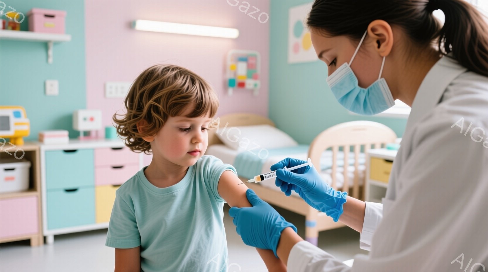 巻き毛の小さな男の子が薄緑色のTシャツを着て座っており、少し不安そうな表情をしています。医療従事者が青い手袋を着用し、注射器を持って男の子の腕に注射しようとしています。背景には、パステルカラーの家具が並んだ子供向けの部屋が見え、全体的に清潔で安心感のある雰囲気です。