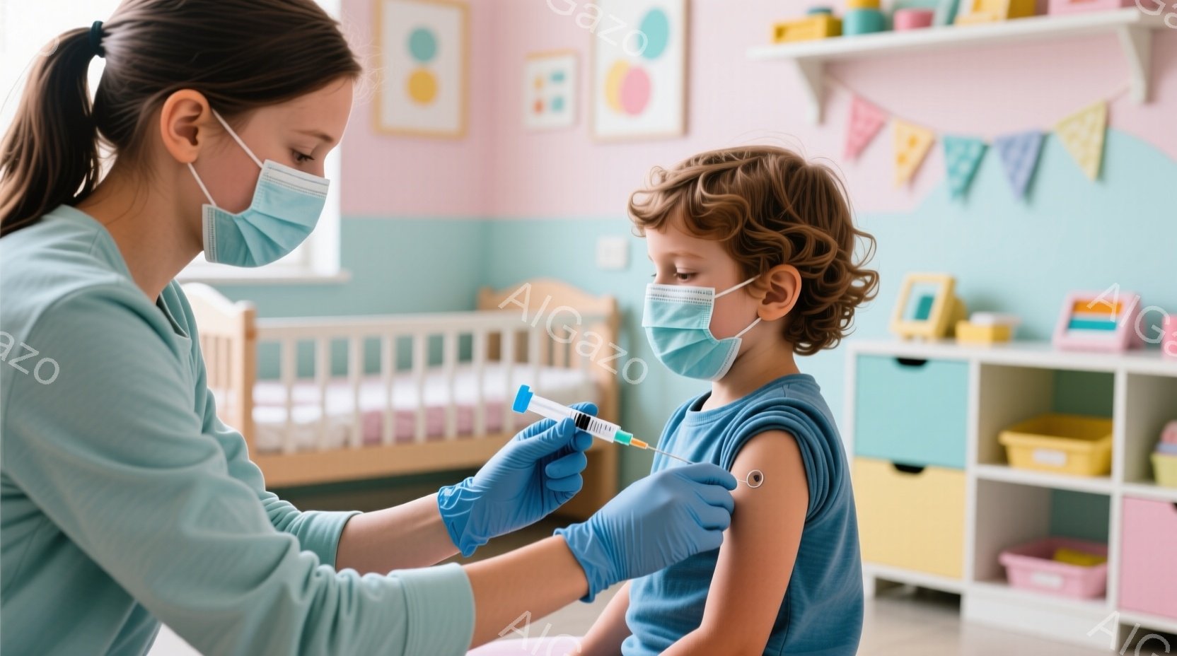 看護師と思われる女性が、青色の医療用手袋を着用し、子供の肩に注射を行っています。子供はターコイズブルーのTシャツを着てマスクをしており、少し緊張した表情をしています。背景にはベビーベッドや収納ボックスが見え、明るいパステルカラーで装飾された子供部屋の様子が伺えます。