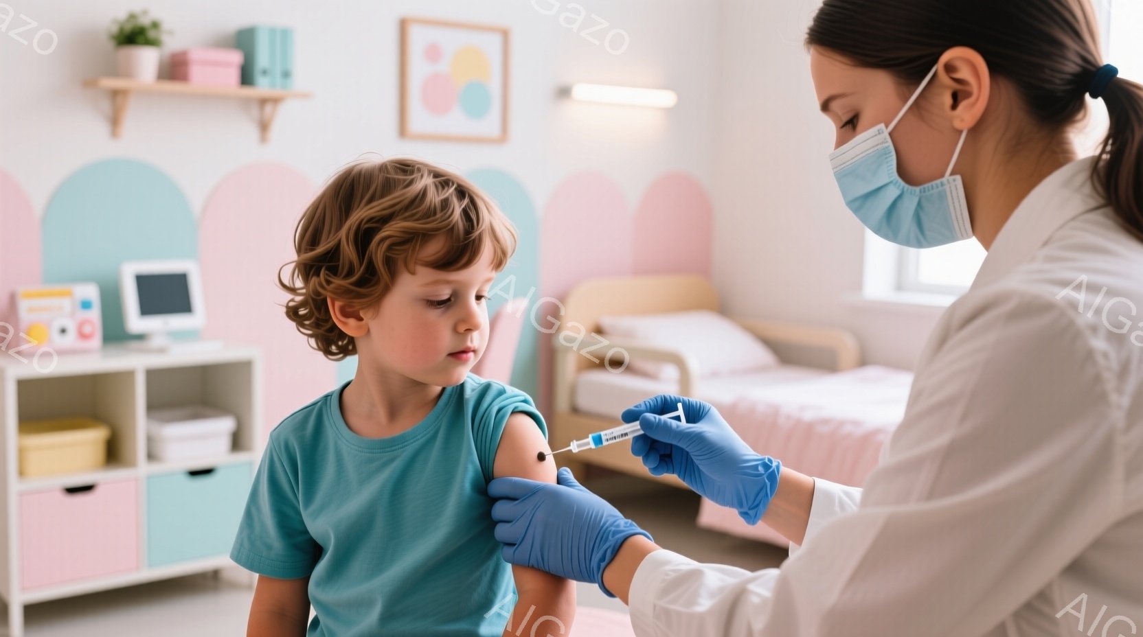 金髪の巻き毛の少年が青いTシャツを着て椅子に座っています。医療従事者が青い手袋を着用し、少年の上腕に注射器を当てています。背景にはピンクと水色のキャビネット、ベッド、壁飾りが写っており、子供向けの医療 - AI生成フリー素材
