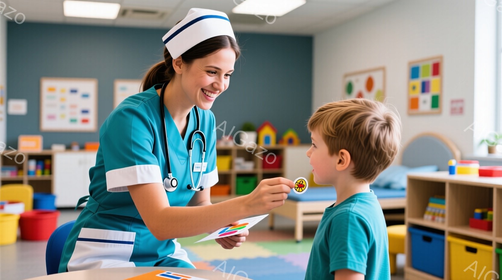 看護師は白い帽子とターコイズ色のスクラブを着て、笑顔で小さな男の子に絆創膏を貼りそうです。男の子は青いTシャツを着ており、少し緊張した表情で看護師を見つめています。背景にはカラフルな収納ボックスと壁掛けのおもちゃが並び、明るく遊び心のある待合室のような空間が広がっています。