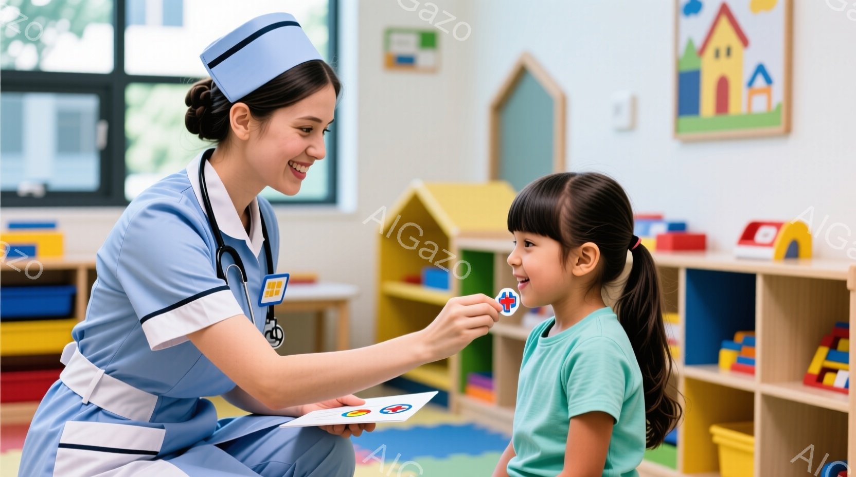 看護師は水色のスクラブと帽子を着用し、笑顔で少女にステッカーを貼っています。少女は赤いTシャツを着て、ポニーテールで、嬉しそうにステッカーを受け取っています。背景にはカラフルな子供用家具と、可愛らしい絵が飾られた壁があり、明るく温かい雰囲気です。