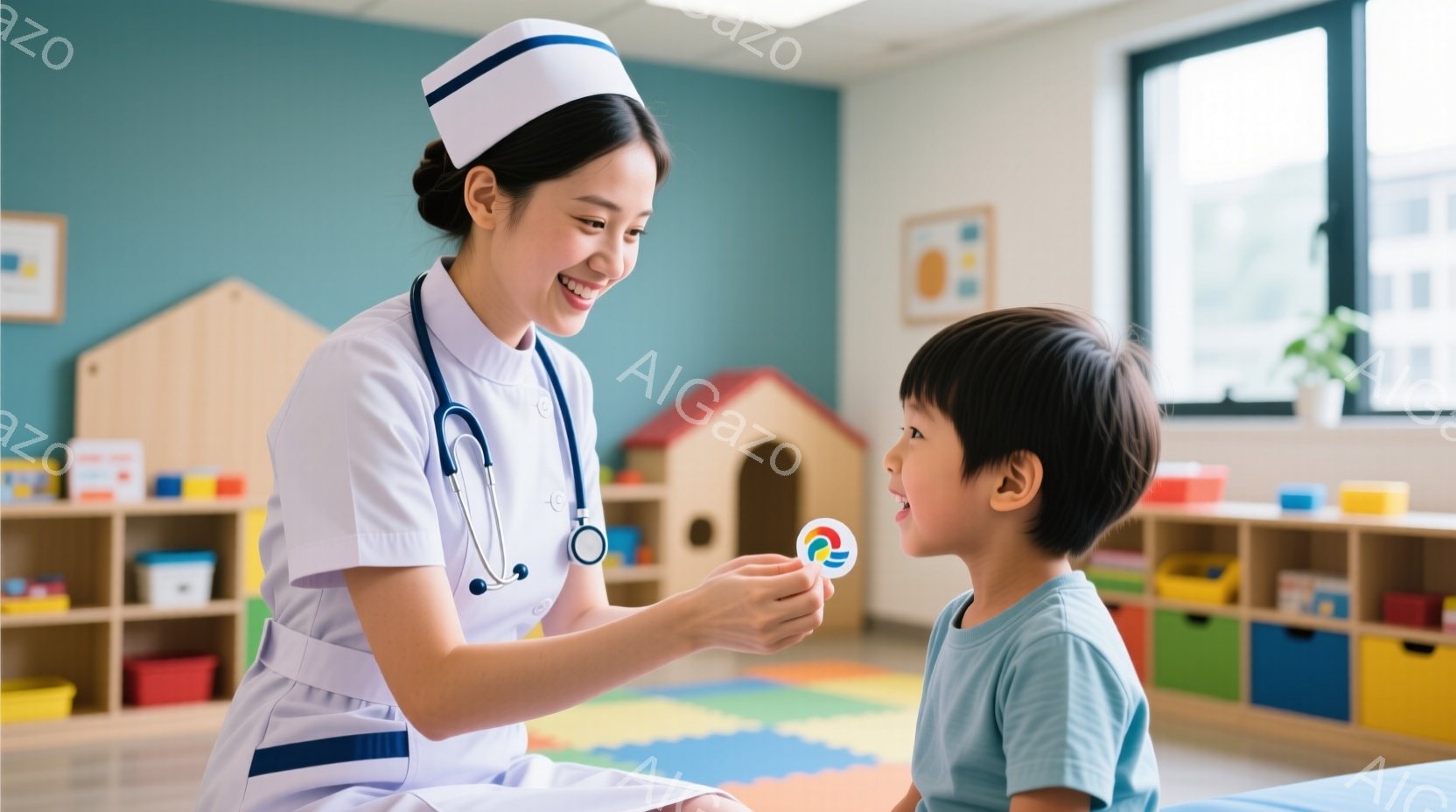 看護師は白い制服と帽子を着用し、笑顔で少年を見つめています。彼女は少年の口元にステッカーを近づけようとしており、少年は少し口を開けてステッカーを受け入れようとしています。背景にはカラフルな子供用家具や遊具が並び、明るく優しい雰囲気の診療室または遊び場のように見えます。