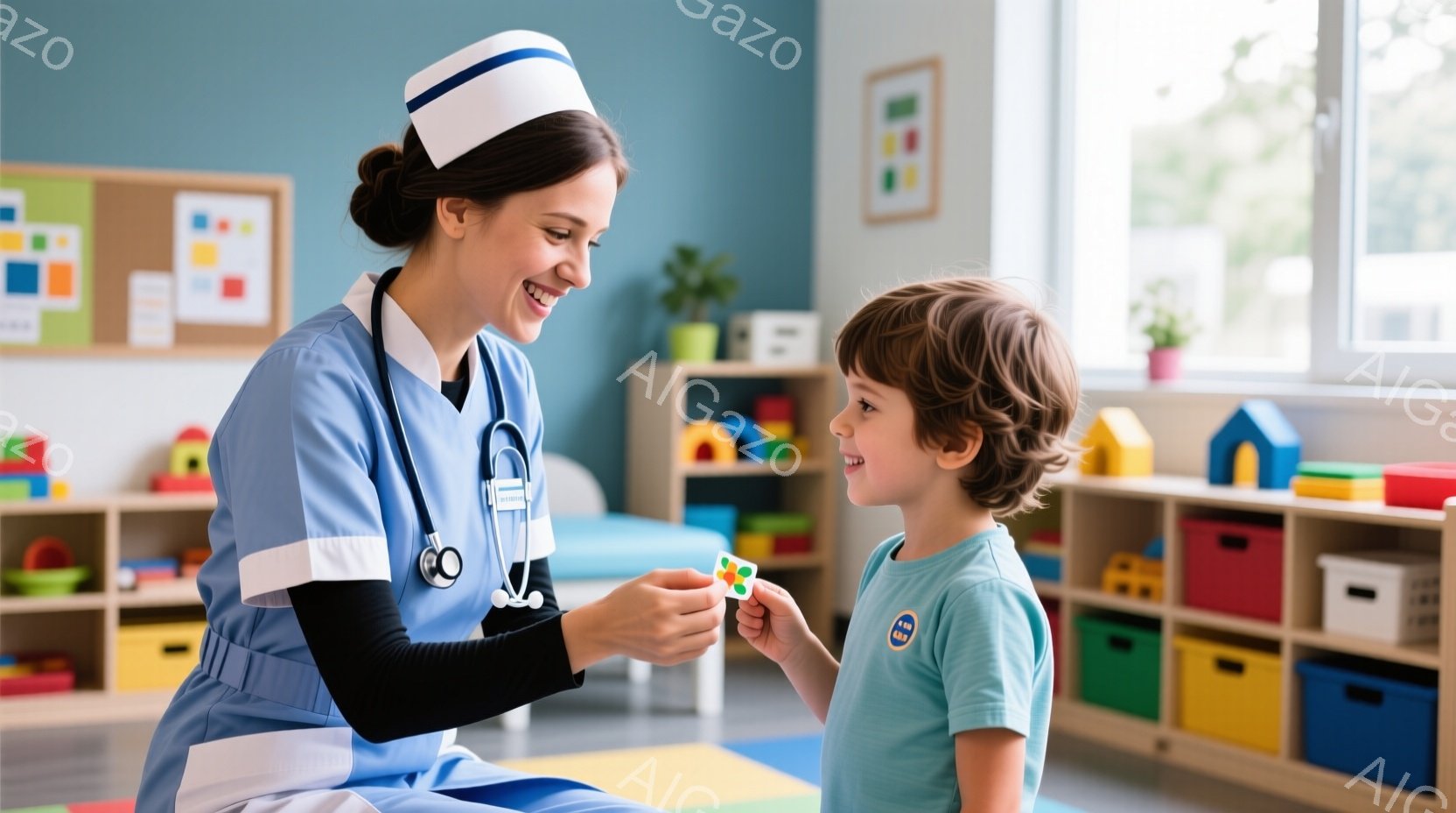 看護師は白地に青い縁取りのスクラブと帽子を着用し、笑顔で男の子にカラフルなパズルを差し出しています。男の子は青いTシャツを着ており、パズルを受け取るために笑顔で手を伸ばしています。背景にはカラフルな収 - AI生成フリー素材