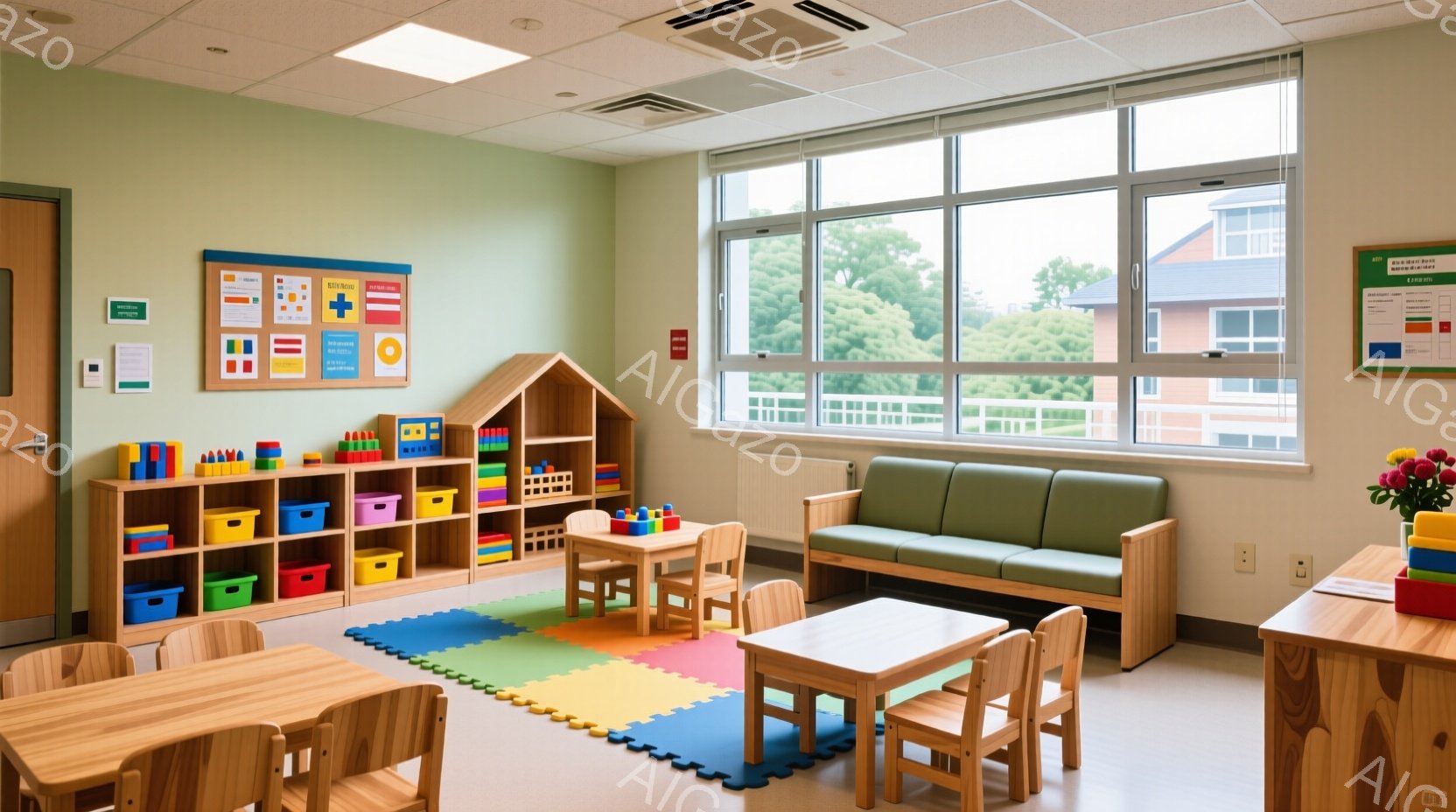 明るい緑色の壁に囲まれた保育園または幼稚園の教室です。カラフルな収納棚、小さな木製のテーブルと椅子、そしてパズルのピースが置かれた遊び場マットが整えられています。大きな窓からは緑豊かな木々が見え、穏やかで遊び心あふれる雰囲気を作り出しています。