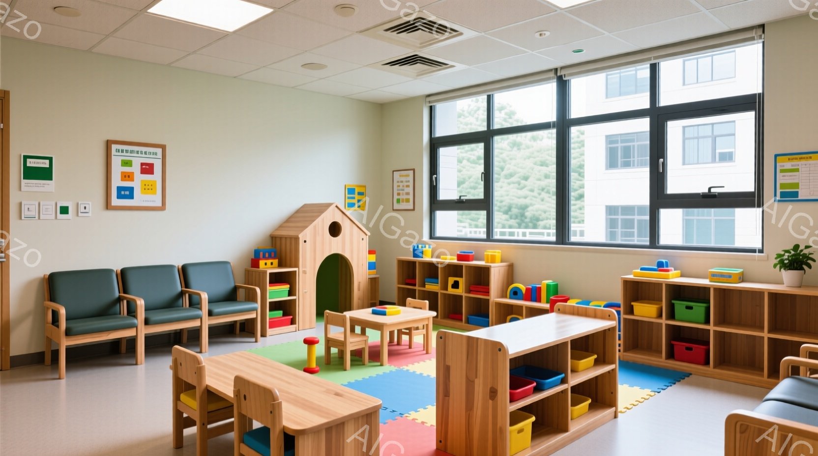 明るい室内は、子供向けの遊び場のように整えられており、カラフルなブロックや木製のおもちゃが散りばめられています。壁際には、収納棚や小さな家型の遊び道具が置かれ、床には柔らかいパズルマットが敷かれています。大きな窓からは緑豊かな景色が見え、室内は穏やかで親しみやすい雰囲気です。