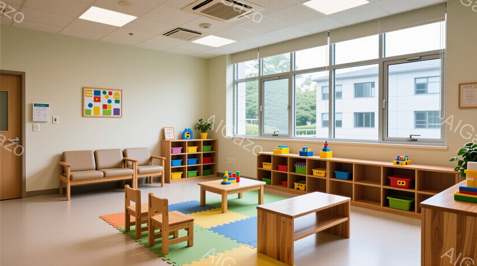 室内は明るい雰囲気で、カラフルなプレイマットと木製の子供用家具が整えられています。窓の外には建物と緑が見え、穏やかな天候を想像させます。部屋全体が遊びと学びのためのスペースとして設計されているのがわかります。