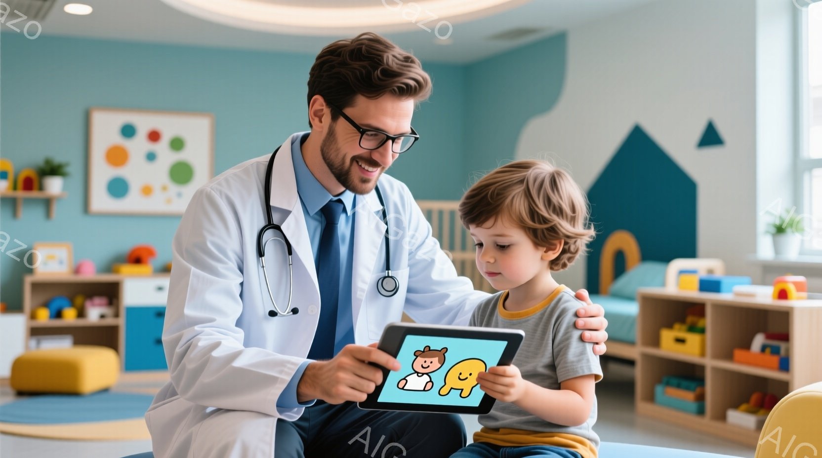 白衣を着た男性医師が、小さな少年と並んで座り、タブレットを見つめています。医師は笑顔で、少年はタブレットに興味津々な表情をしています。背景にはカラフルな子供用の家具や装飾があり、明るく温かい雰囲気の診察室または遊び場です。