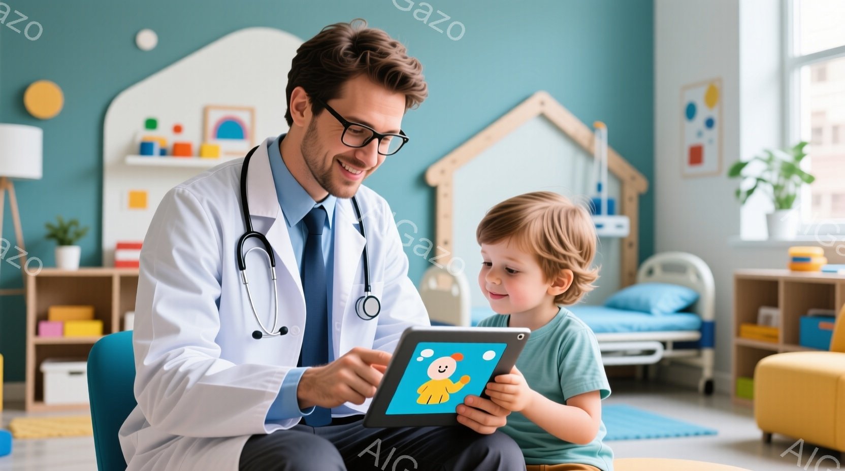 白衣を着た男性医師が、小さな少年とタブレットを見つめています。医師は笑顔でタブレットを指し示し、少年もまた笑顔で画面に興味津々です。背景には、カラフルな子供部屋、ベッド、おもちゃなどが配置され、温かく - AI生成フリー素材