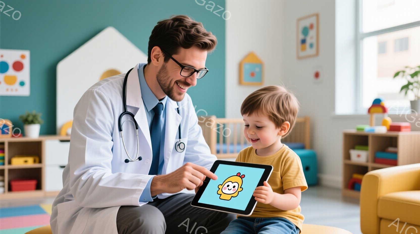 白衣を着た男性医師が、幼児とタブレットを見ながら笑顔で話しています。医師は眼鏡をかけ、タブレットの画面を指で示しており、幼児はタブレットに映る笑顔のキャラクターを見て嬉しそうにしています。背景には、おもちゃや絵が飾られた明るい保育園のような部屋が広がっており、温かく優しい雰囲気が漂っています。