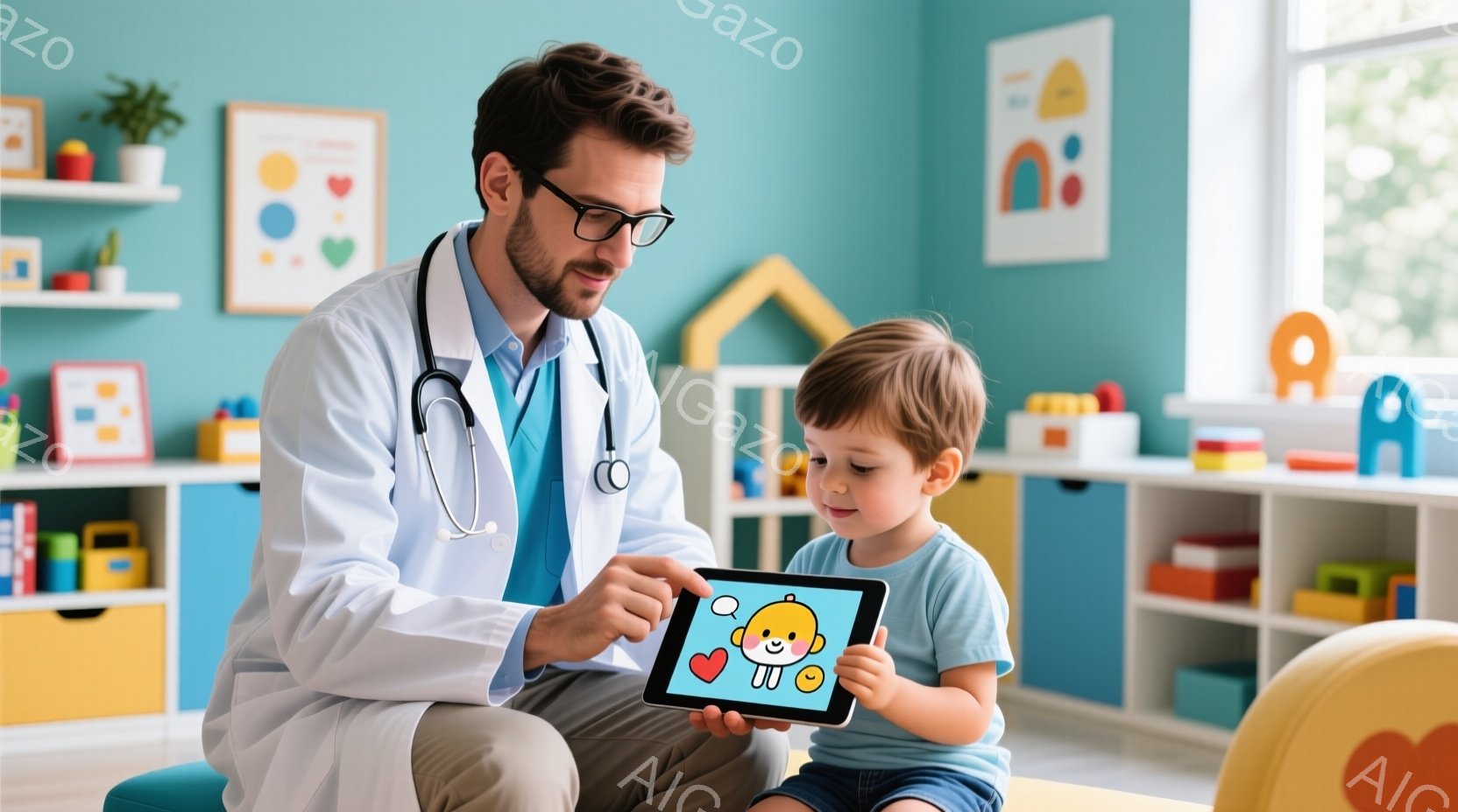 白衣を着た男性医師が、小さな男の子にタブレットを見せています。医師は眼鏡をかけ、穏やかな表情でタブレットの画面に注目しています。背景にはカラフルな子供向けの家具や絵があり、明るく親しみやすい雰囲気の診 - AI生成フリー素材