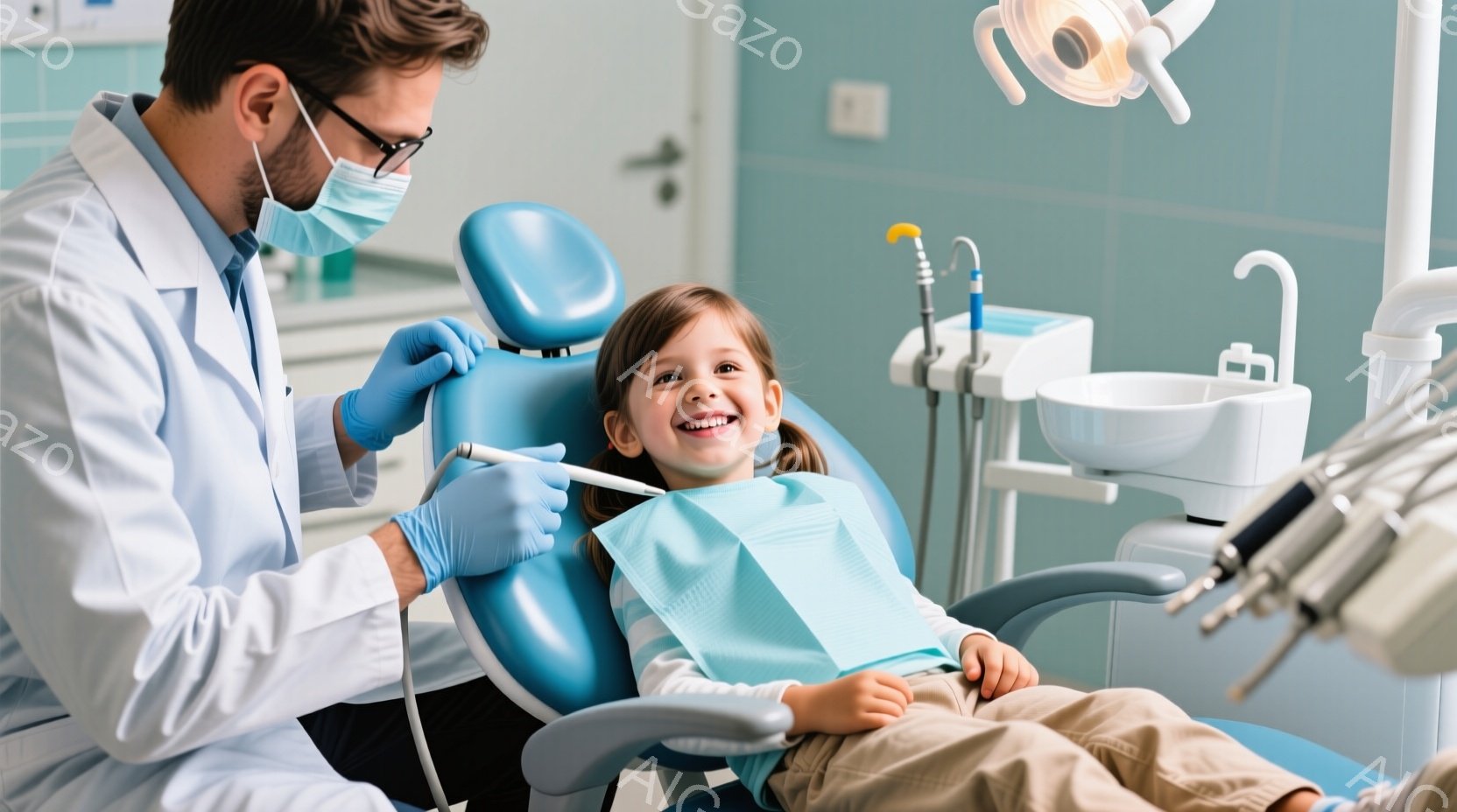 1. 男性歯科医は白衣、マスクを身につけたままで、手術台の上で女児の患者を治療している。 2. 女児の患者は笑顔で歯科治療中であり、歯科医による治療室の環境で受けている治療を受け入れている。 3. 背景は明るく清潔な歯科治療室で、プロフェッショナルな設備が用意されており、治療中に必要な機器も確保されている。