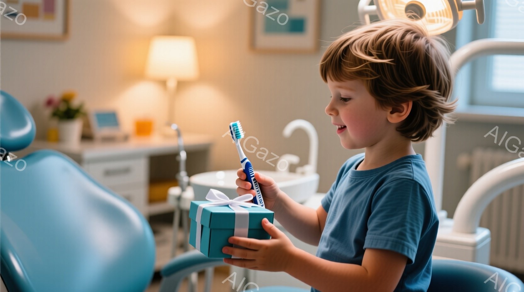 少年は歯科医院の椅子に座り、ターコイズブルーのギフトボックスと歯ブラシを持っています。彼は青いTシャツを着ており、髪は短く巻いていて、顔には喜びの表情が浮かんでいます。背景には歯科機器や壁の装飾が見え、明るく清潔な雰囲気です。