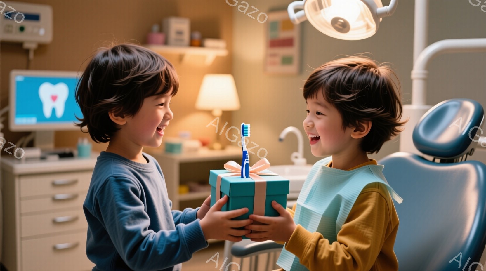 2人の男の子が歯科医院でプレゼントを交換しています。一人は水色のセーターを着ており、もう一人は黄色のセーターと白いアンダーシャツを着ています。両方とも髪は短く、笑顔でプレゼントを受け渡す様子は喜びにあ - AI生成フリー素材