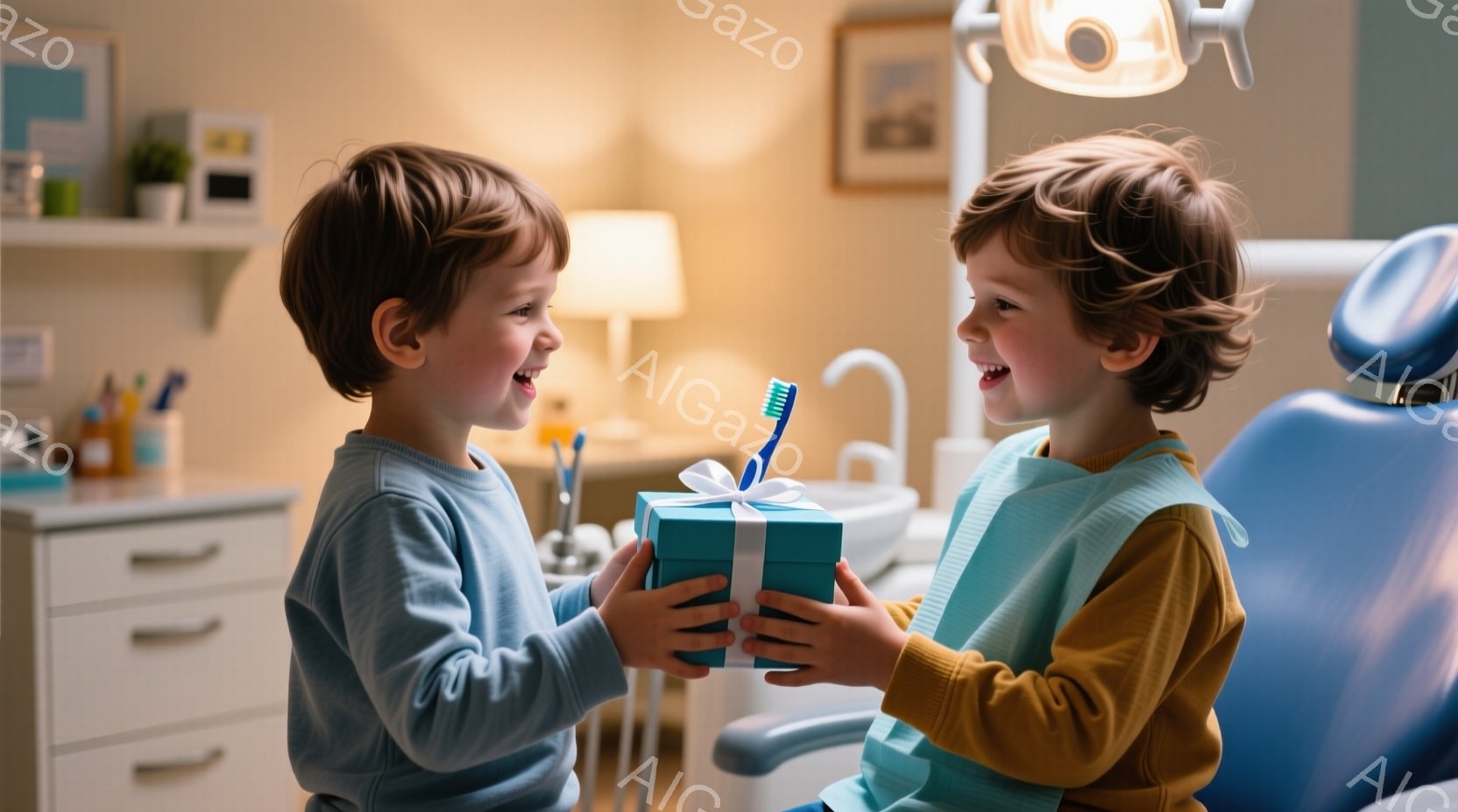 歯科医院で、二人の幼い男の子が互いにプレゼントを交換しています。一人は水色のセーターを着ており、もう一人は黄色のセーターとエプロンを着ています。二人は笑顔で、プレゼントを受け取ることに喜びを感じているようです。