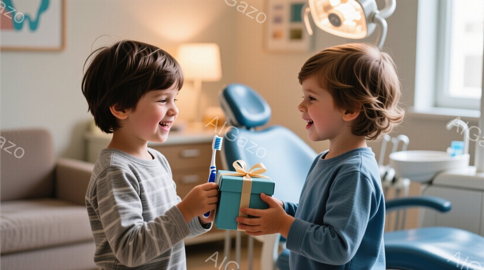 二人の幼い男の子が歯科医院で笑顔で対面している。一人は灰色のセーターを着て、もう一人は青いセーターを着ており、どちらも巻き毛の髪型をしている。一人が歯ブラシをプレゼントとしてもう一方に渡し、お互いに喜んでいる様子が伺える。
