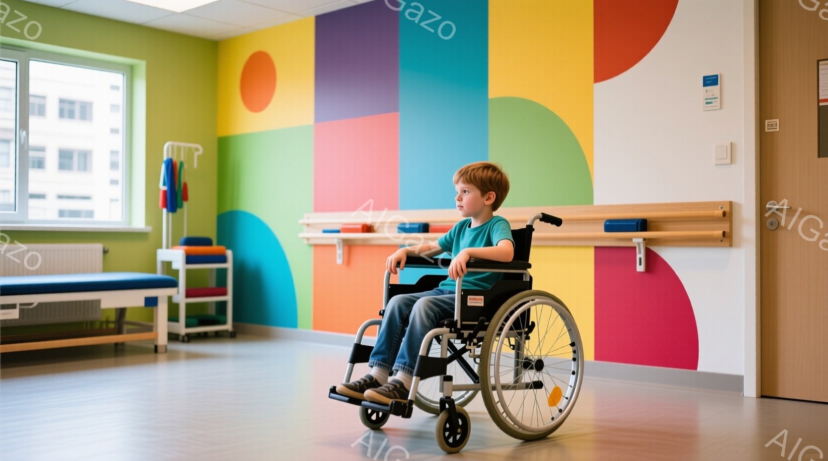 赤毛の少年が車椅子に座り、少し憂鬱そうな表情で横を向いています。少年は青いTシャツとジーンズ、そして履き慣れたスニーカーを履いています。背景にはカラフルな幾何学模様の壁があり、医療機関のような清潔感のある廊下で、医療機器らしきものがわずかに見えます。
