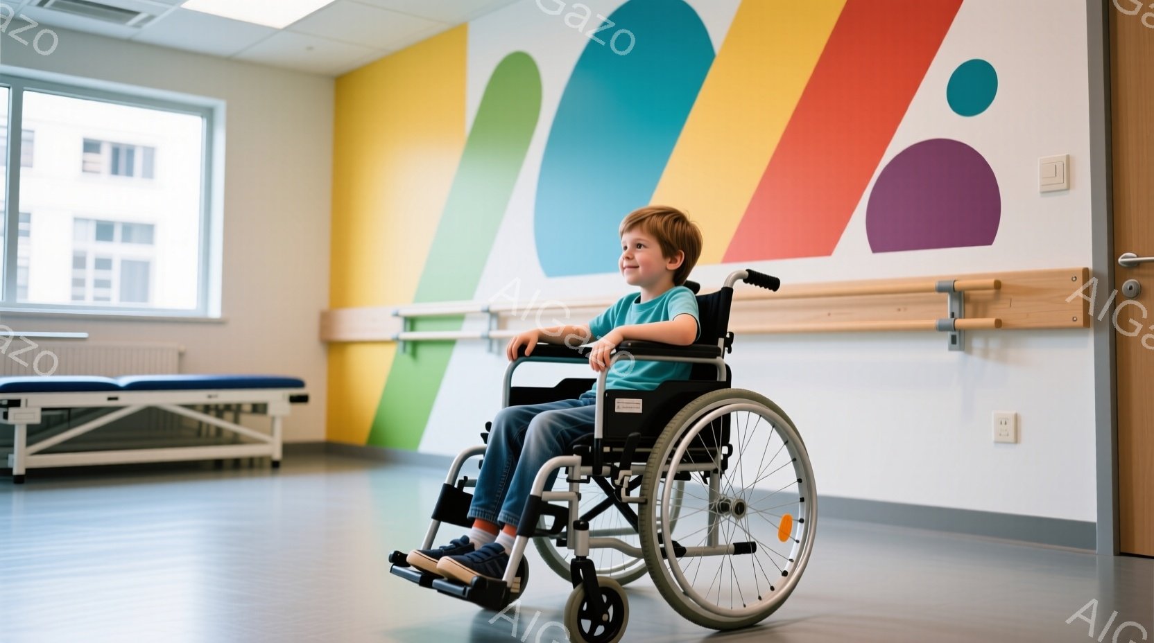 赤毛の少年が車椅子に座り、少し微笑んでいます。少年は青いTシャツとジーンズを着用し、足元には青いソックスとスニーカーを履いています。背景にはカラフルな抽象的な壁画があり、病院や療養施設の待合室のような - AI生成フリー素材