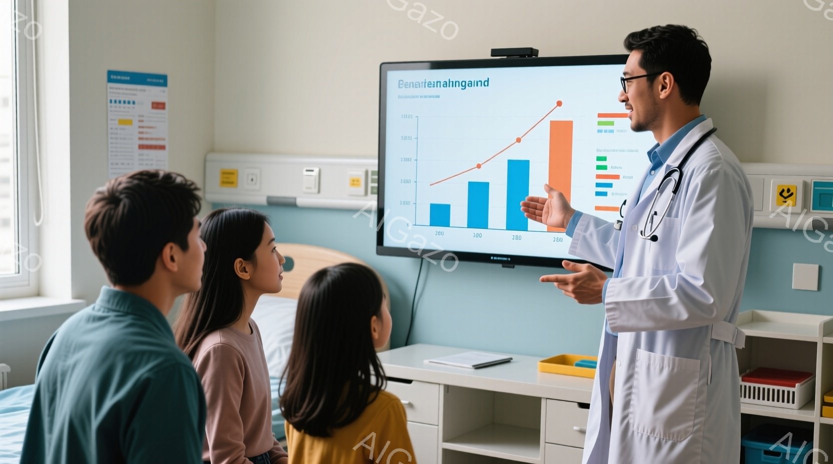 白衣を着た医者が、患者とその家族に大きなグラフが表示されたタブレットを説明しています。患者は若い男性と、黄色いセーターを着た幼い女の子で、医者の説明を真剣に聞いています。背景には病院のベッドと医療機器が見え、全体的に安心感と専門的な雰囲気が漂っています。