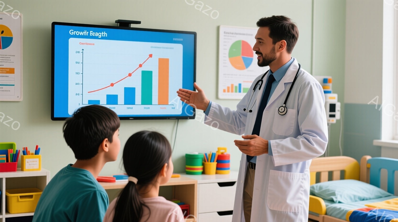 少年2人が医師の説明を聞いています。医師は白衣を着用し、ネクタイを締め、笑顔でグラフを指差しています。背景にはカラフルな子供用ベッドと玩具が並び、明るく安心感のある診察室の雰囲気が伝わってきます。 - AI生成フリー素材