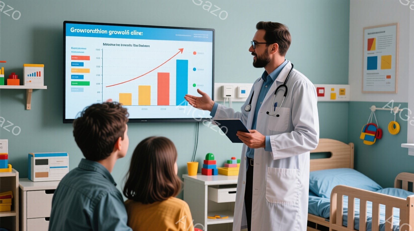 医師が診察室で両親と子供に対して成長曲線を示すプレゼンテーションを行っている。医師は白衣を着用し、ストレートヘアで、指を伸ばしてグラフを指している。部屋は明るく、子供向けの木製のおもちゃや病院のベッドがあり、全体的に安心感のある雰囲気である。