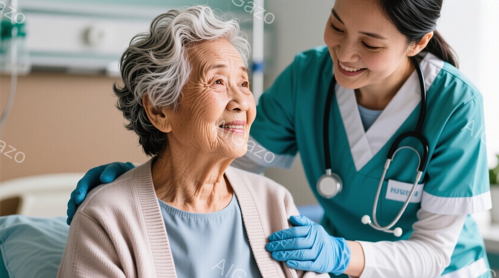 白髪の高齢女性が穏やかな笑顔を浮かべ、薄い青色のブラウスを着ています。彼女の隣には、医療従事者と思われる女性が立っており、ターコイズブルーのスクラブとネイビーブルーの手袋を着用し、優しく肩に手を置いています。背景には病院のベッドと医療機器が見え、全体的に温かく安心感のある雰囲気が漂っています。
